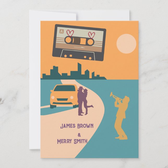 Invitación Music Love Songs Cassette Orange City Wedding (Anverso)