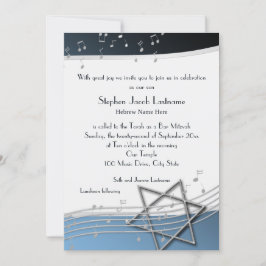 Invitación Music Notes Bar Mitzvah Silver and Blue Invitation