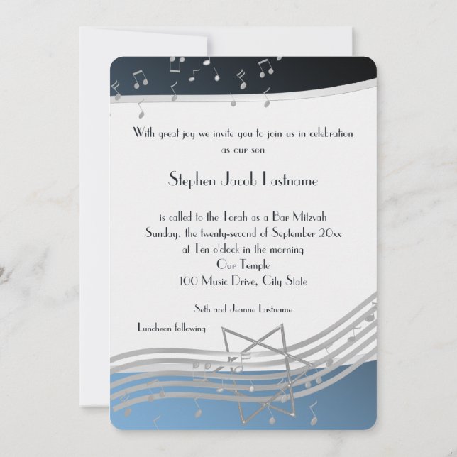 Invitación Music Notes Bar Mitzvah Silver y Blue (Reverso)