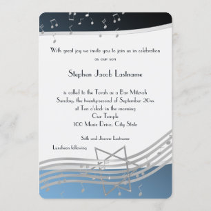 Invitación Music Notes Bar Mitzvah Silver y Blue