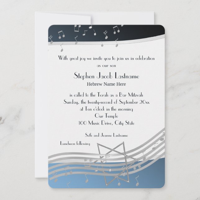 Invitación Music Notes Bar Mitzvah Silver y Blue (Anverso)