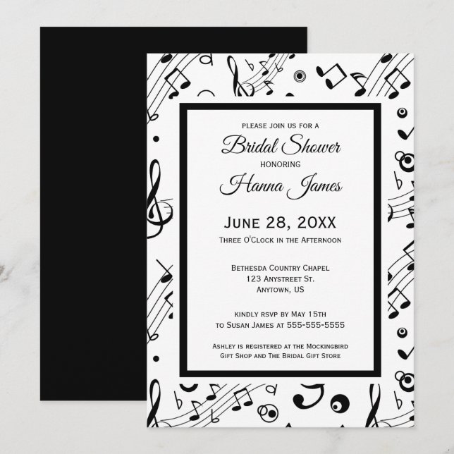 Invitación Music Notes Musical Theme Bridal Shower (Anverso / Reverso)