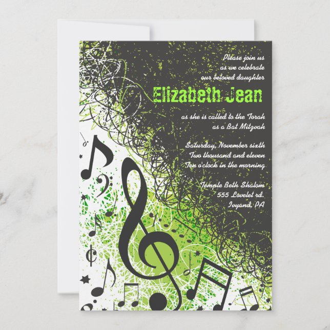 Invitación Music Notes Stars Bar Mitzvah Invita a Neon Green2 (Anverso)