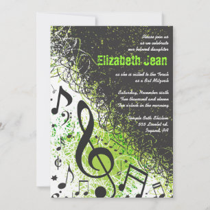 Invitación Music Notes Stars Bar Mitzvah Invita a Neon Green2