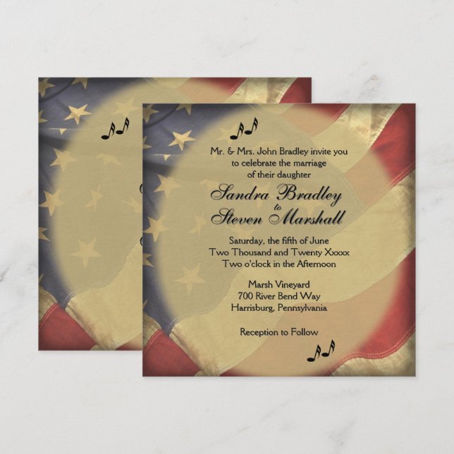 Invitación Music on Distressed American Flag Theme Wedding   (Anverso / Reverso)