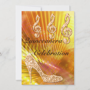 Invitación Música Brillante Nota Naranja y Stiletto Quinceañe