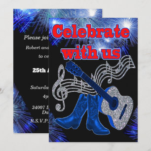 Invitación Música Country Western Guitarra Azul y Botas de Va