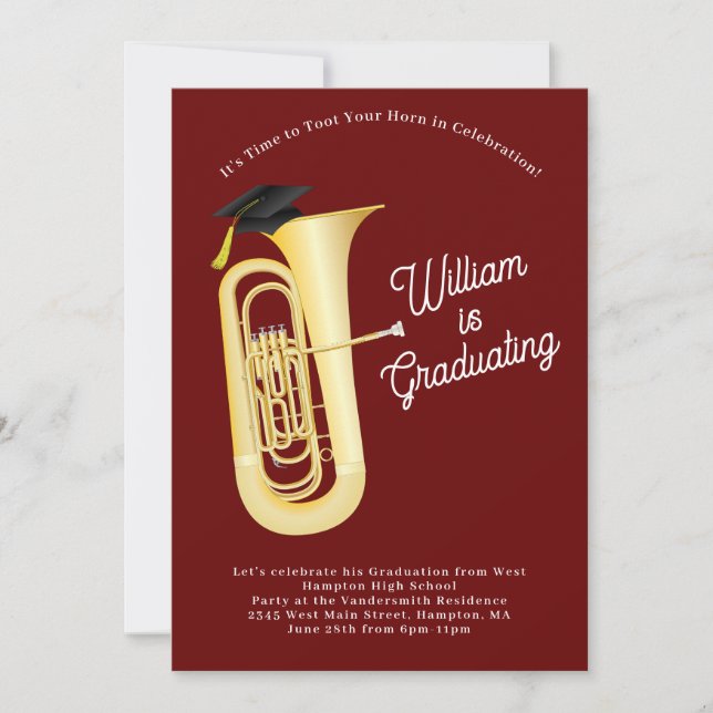 Invitación Música de la fiesta de graduación de músicos tuba (Anverso)
