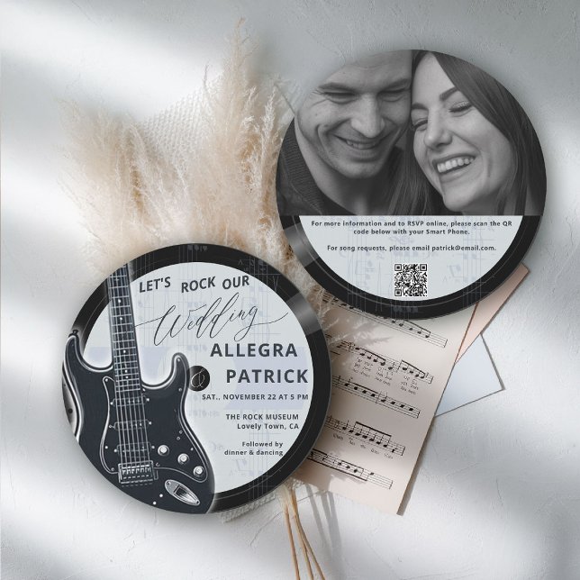 Invitación Música Enamorada Todos Una Foto QR Rock Nuestro Bo (music theme wedding invitation rock vinyl record black blue white photo qr code all one guitar)