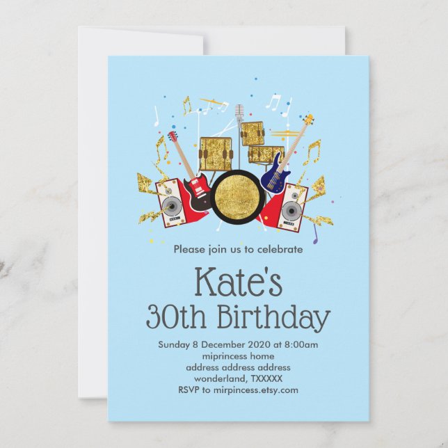 Invitación música fiesta guitarra drum set musical (Anverso)