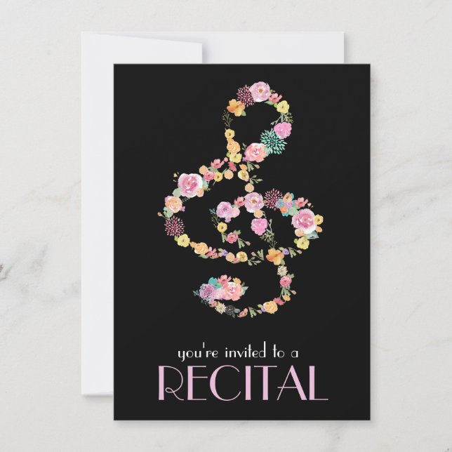 Invitación música floral treble clef sobre negro (Anverso)