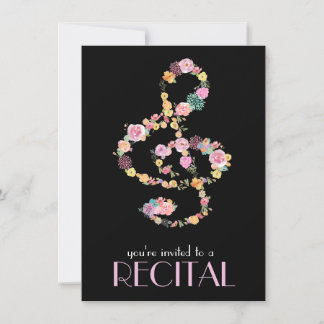 Invitación música floral treble clef sobre negro