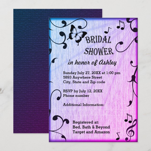 Invitación Música, mariposa, deja ducha azul púrpura novia (Anverso / Reverso)