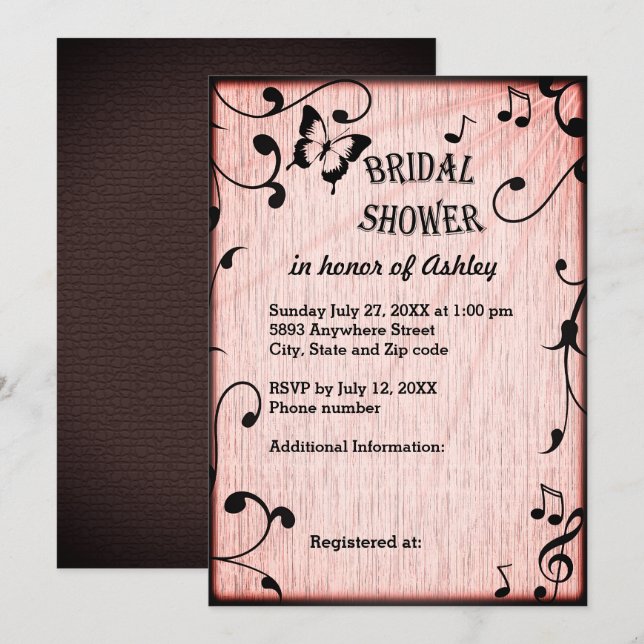 Invitación Música, mariposa, deja ducha de novia de madera ro (Anverso / Reverso)
