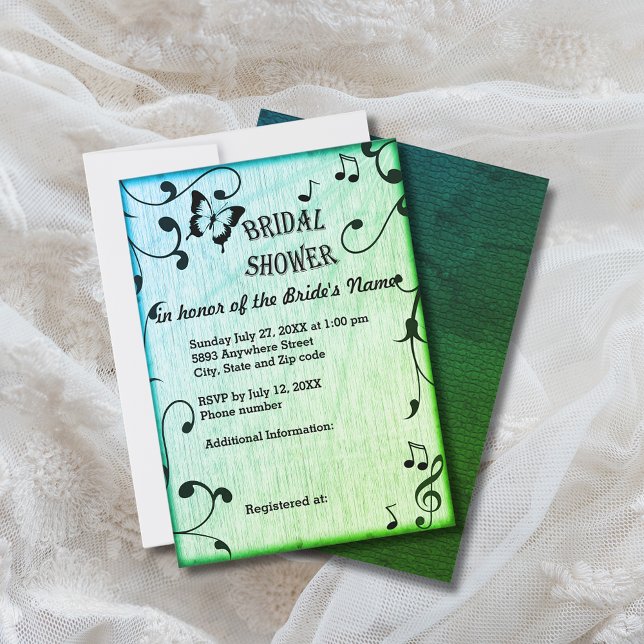 Invitación Música, mariposa, hojas, ducha verde de novias (Music, Butterfly, Leaves, Green Bridal Shower Invitation)