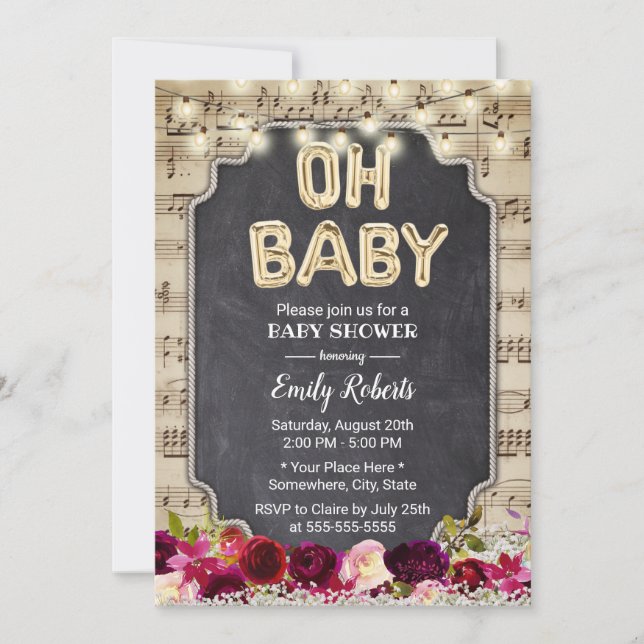 Invitación Música Oh Baby Shower Rustic Burgundy Red Floral (Anverso)