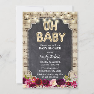 Invitación Música Oh Baby Shower Rustic Burgundy Red Floral