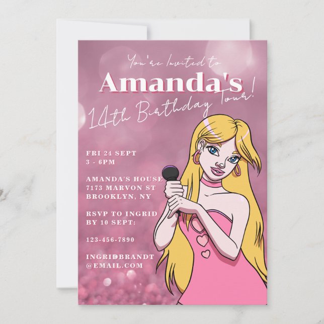 Invitación Música pop Personalizado de Cute Girly 14 años (Anverso)