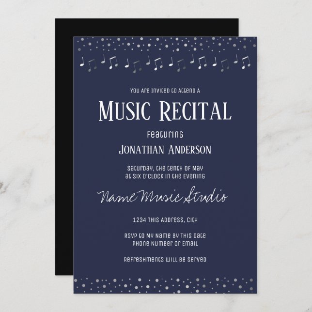 Invitación Música Recital Elegante Plata (Anverso / Reverso)