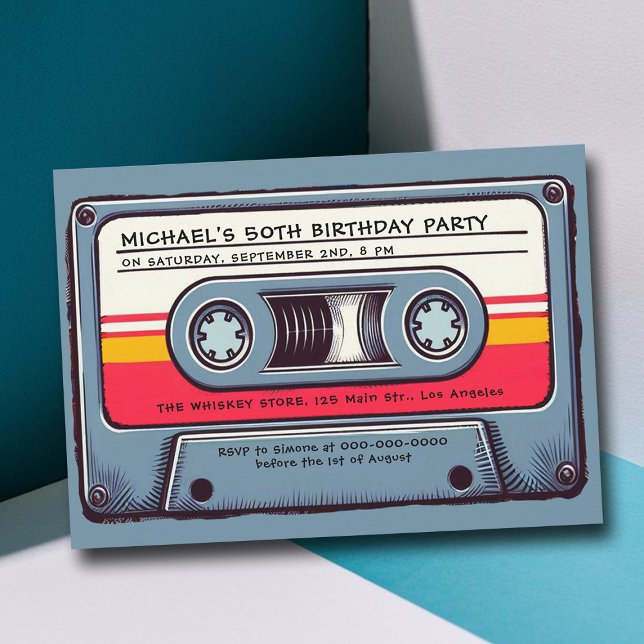 Invitación Música retro 80 Cassette Mixtape Hombres 50 cumple (cassette mixtape 80s nostalgia 50th birthday party men vintage retro 70s 60s fun music steel grey)
