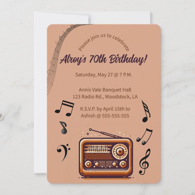 Invitación Música Retro Editable de Cumpleaños por Radio (Anverso)