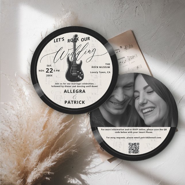 Invitación Música Vinyl Todo Un Foto QR Rock Nuestro Boda Ecr (music theme wedding invitation rock vinyl record ecru ivory white photo qr code all one musician)