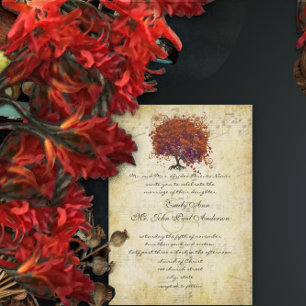 Invitación Musical Oro Coral Púrpura Beso Corazón Hoja Árbol