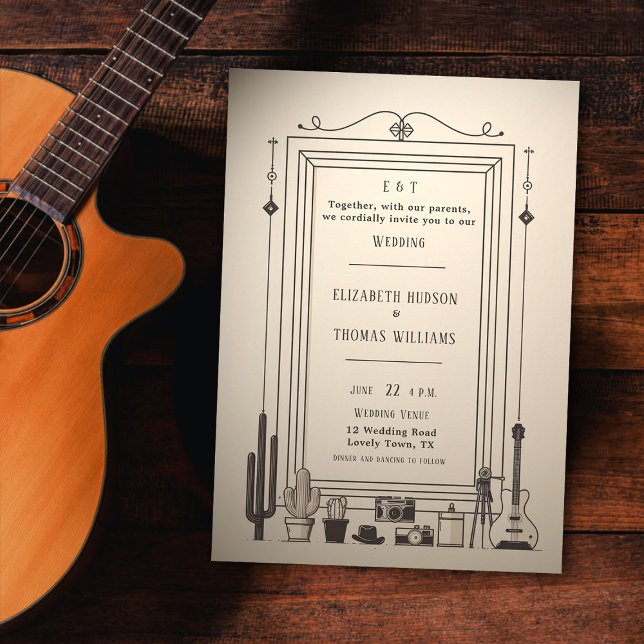 Invitación Músico de guitarra Boda de vintage ruso (rustic vintage cowboy wedding invitation cactus guitar musician frame barn backyard outdoor elegant)