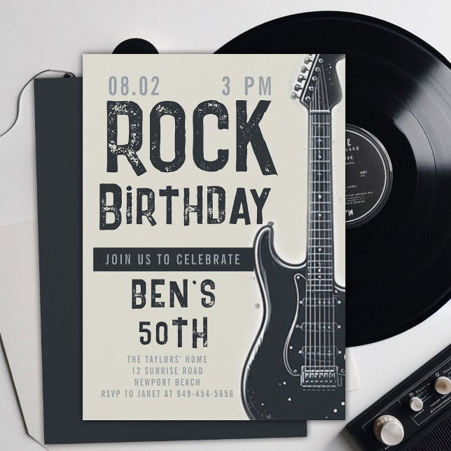 Invitación Músico de rock Guitar Adulto Nacido Negro (music musician rock adult birthday party invitation women modern fun black electric guitar modern)