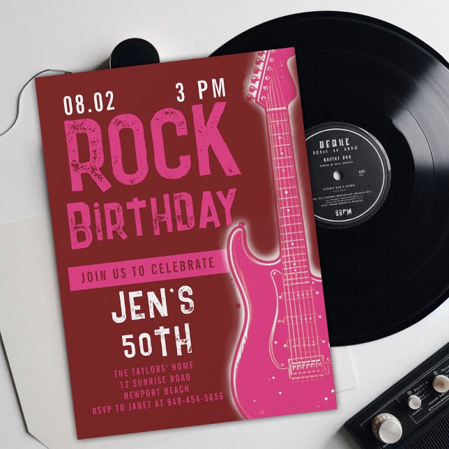 Invitación Músico de rock Guitarra Adulto Pink Birthday (music musician rock adult birthday party invitation women modern fun pink electric guitar modern)