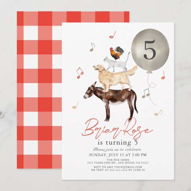 Invitación Músicos animales cuento cumpleaños de niño (Anverso / Reverso)