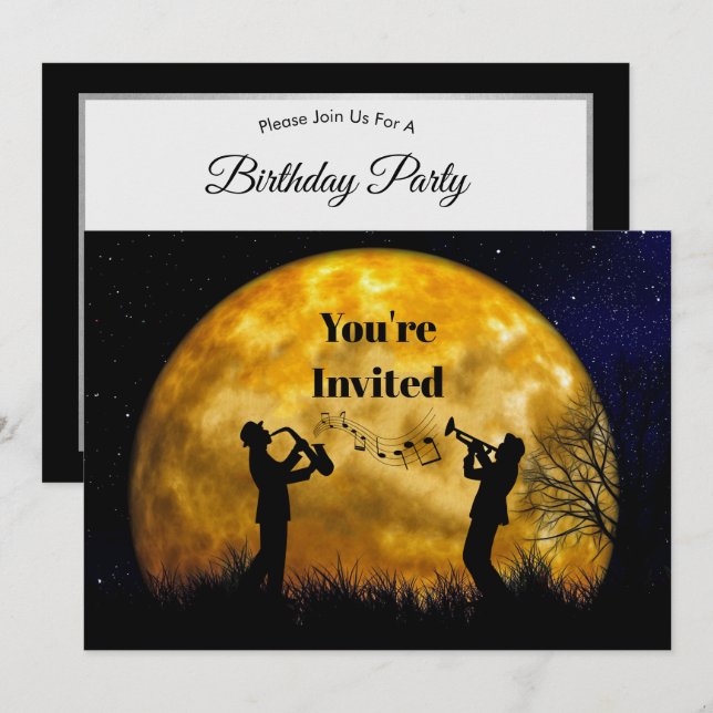 Invitación Músicos con acuarela de luna llena Cumpleaños (Anverso / Reverso)