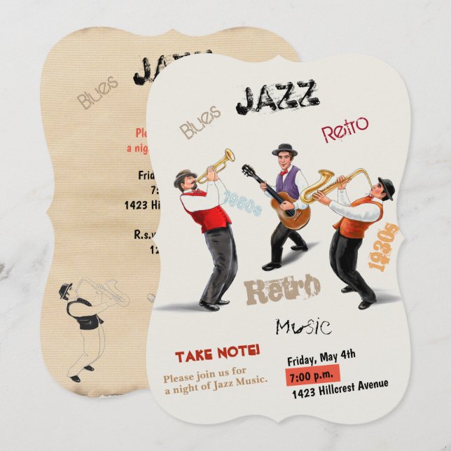 Invitación Músicos de Jazz Retro Música Vintage acuarela (Anverso / Reverso)