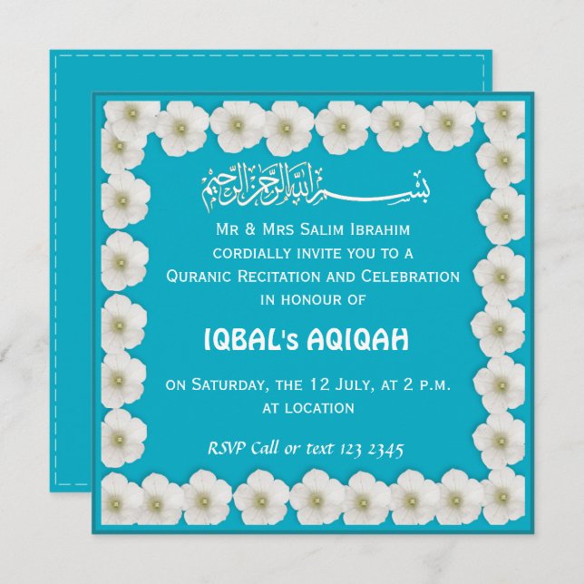 Invitación Muslim baby boy blue Aqiqah (Anverso / Reverso)