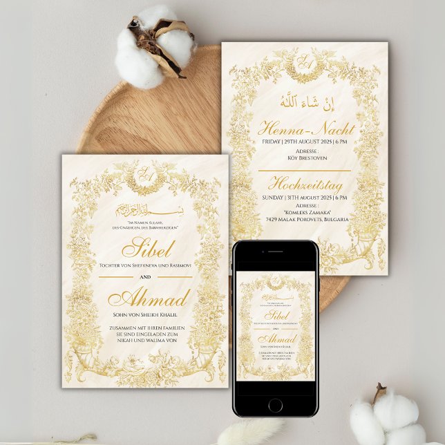 Invitación Muslimische Hochzeitseinladung mit goldenem Blumen (Subido por el creador)