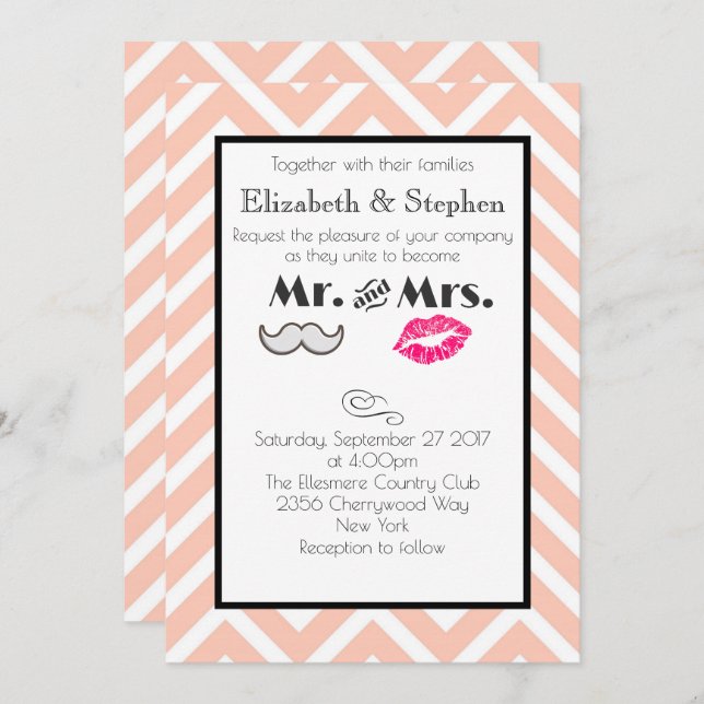 Invitación Mustache and Lips Mr. y la Sra. Peach Boda (Anverso / Reverso)