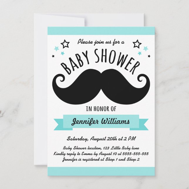 Invitación Mustache baby ducha aquino azul (Anverso)