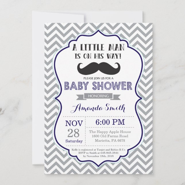 Invitación Mustache Baby Shower invita a la marina azul y gri (Anverso)