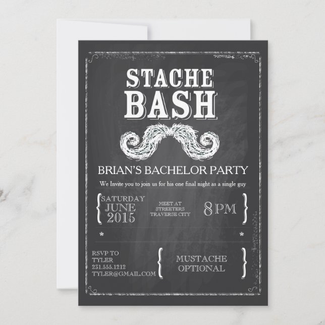 Invitación Mustache Bash Bacheler Party Chalkboard Hipster (Anverso)