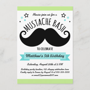 Invitación Mustache bash fiesta de cumpleaños lime verde aqua