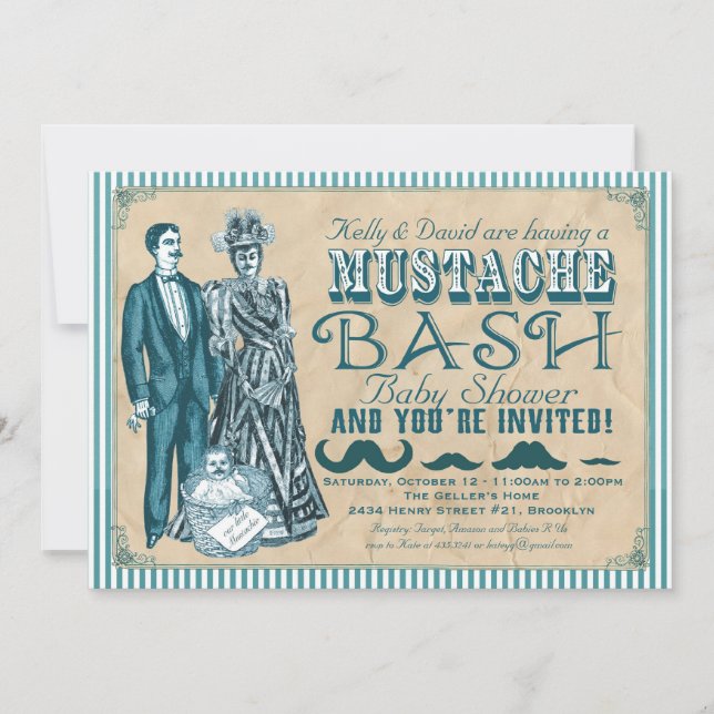 Invitación Mustache Bash Parejas Baby Shower - Azul y blanco (Anverso)