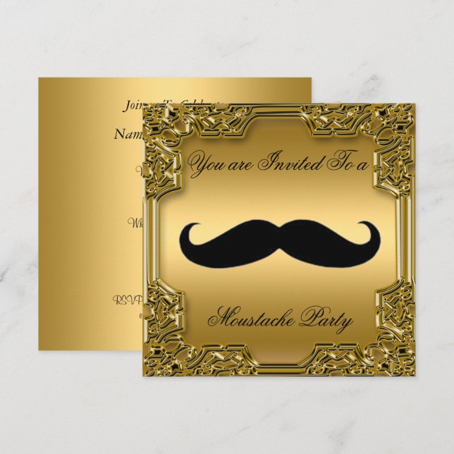 Invitación Mustache Birthday Party Invitation Gold (Anverso / Reverso)