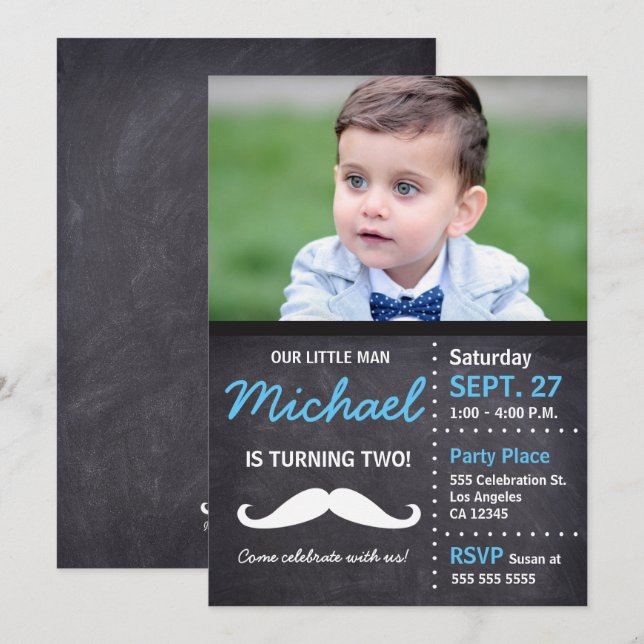 Invitación Mustache de la foto del cumpleaños del pequeño hom (Anverso / Reverso)