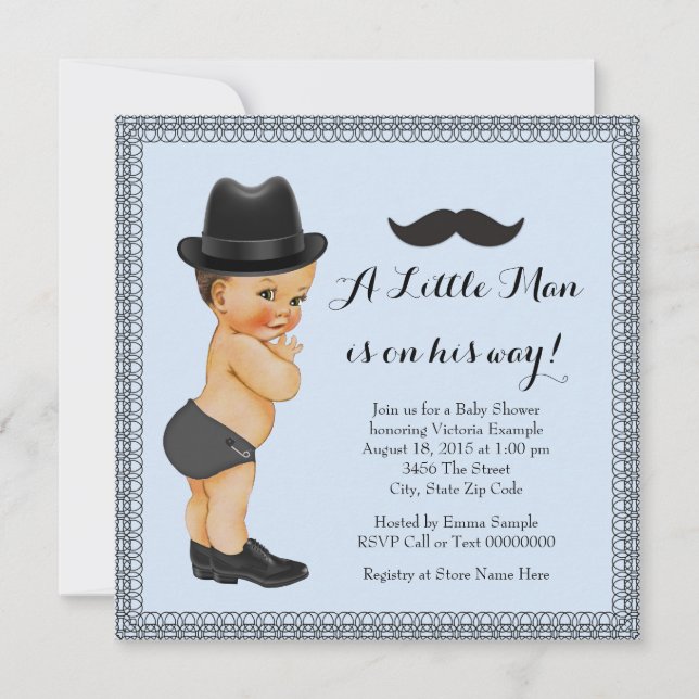 Invitación Mustache Little Man Blue and Black Baby Shower (Anverso)