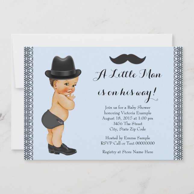 Invitación Mustache Little Man Blue and Black Baby Shower (Anverso)