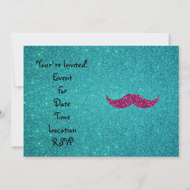 Invitación Mustache rosa purpurina (Anverso)
