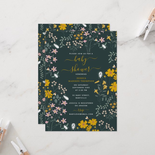 Invitación Mustard Floral Bohemian Wildflowers Baby Shower (Anverso/Reverso In Situ)
