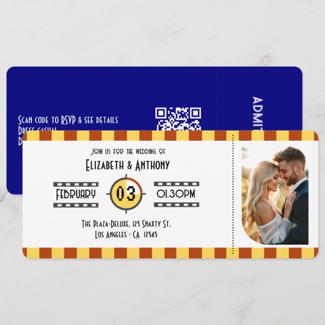 Invitación Mustard Yellow, Rust & Navy Cinema Ticket Wedding (Anverso / Reverso)