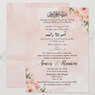 Invitación Musulmán Árabe Inglés Floral Rosa Acuarela