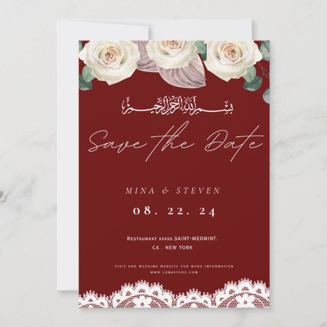 Invitación musulmana roja flor de encaje guardar l (Anverso)